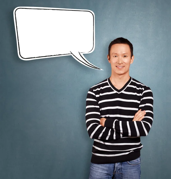 Asian Man In Striped with Speech Bubble — Stock Photo, Image