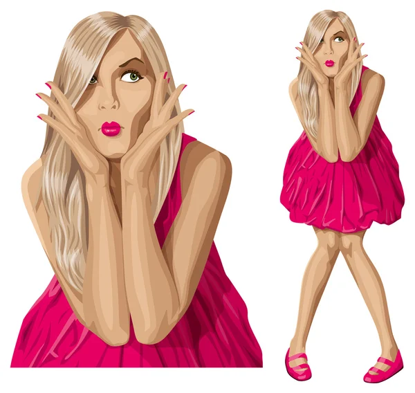 Vector sorprendido rubia en vestido rosa — Vector de stock