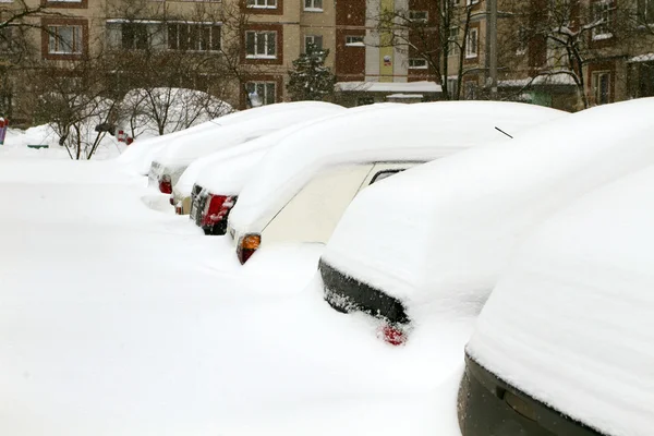 Auto 's bedekt met sneeuw — Stockfoto