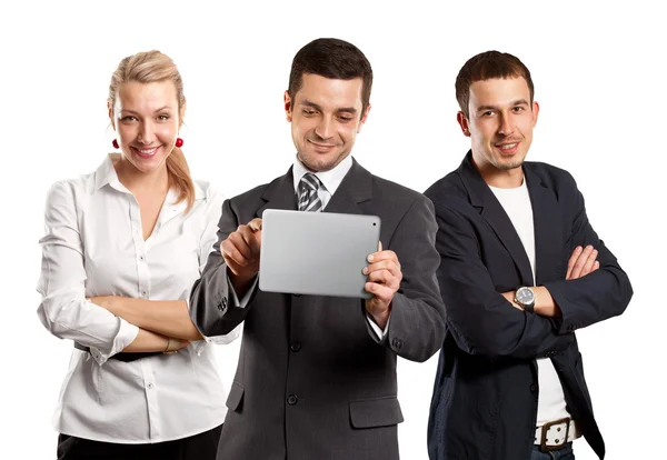 Equipe de negócios com almofada de toque — Fotografia de Stock