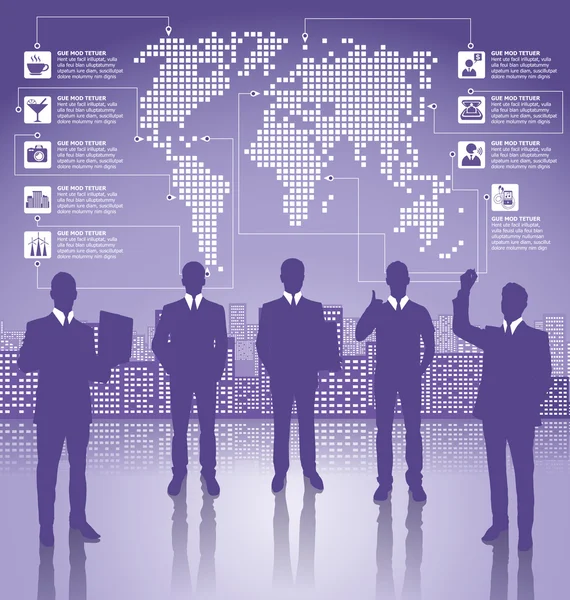 Business concept silhouetten met infographics earth-kaart — Stockvector