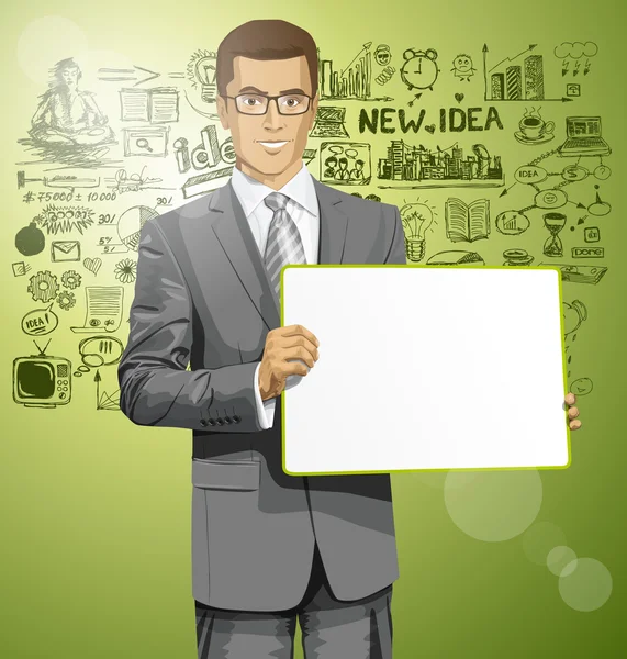 Vector hombre de negocios con tablero de escritura vacío — Vector de stock