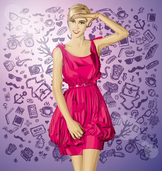 Blondin i rosa klänning — Stock vektor