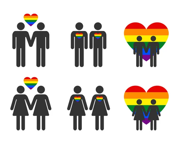 Lgbt pareja con corazón iconos conjunto, arco iris corazones símbolos, gay y lesbiana Ilustración De Stock