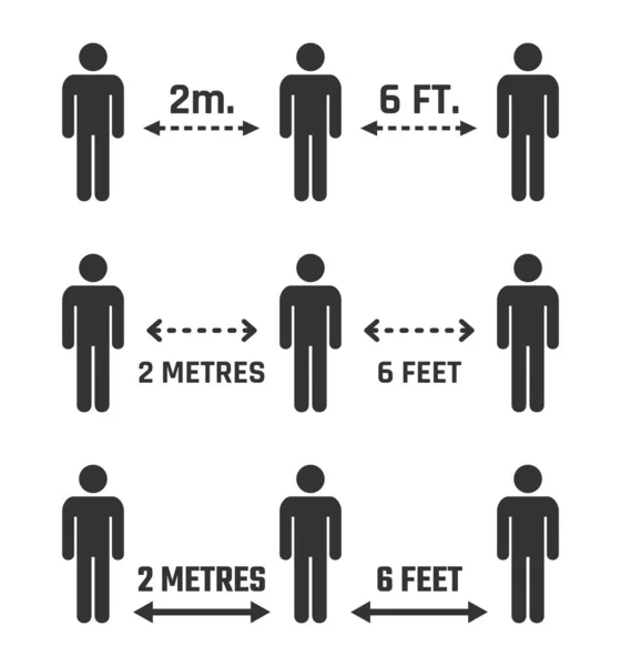 사회적 거리 아이콘 설정, 거리 표지판 유지, 코로나 바이러스 격리 조치 — 스톡 벡터