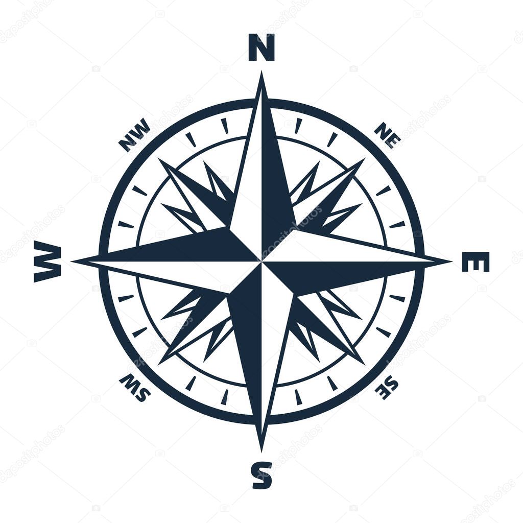 Compass with wind rose sign, navigation illustration