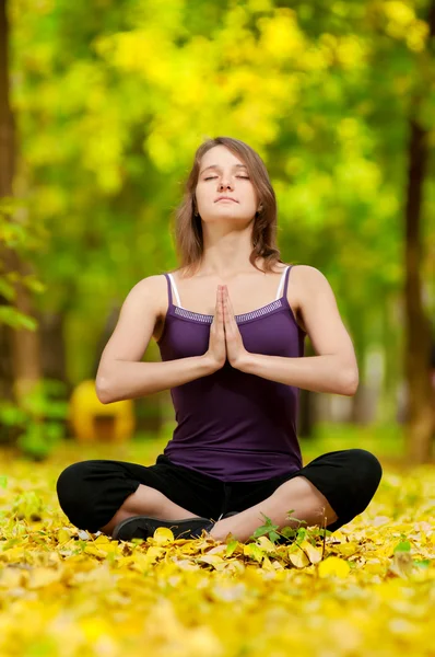 Donna che fa esercizi di yoga nel parco autunnale — Foto Stock