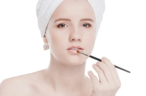 Beautiful woman with make up brush — Stock Photo, Image