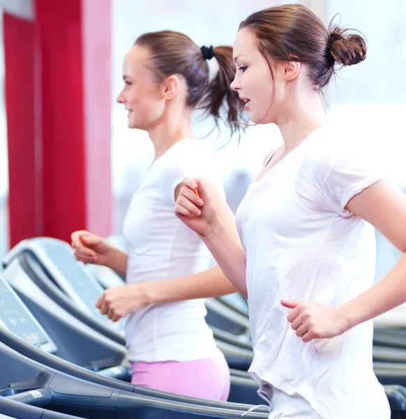 Twee jonge sportieve vrouwen draaien op machine — Stockfoto