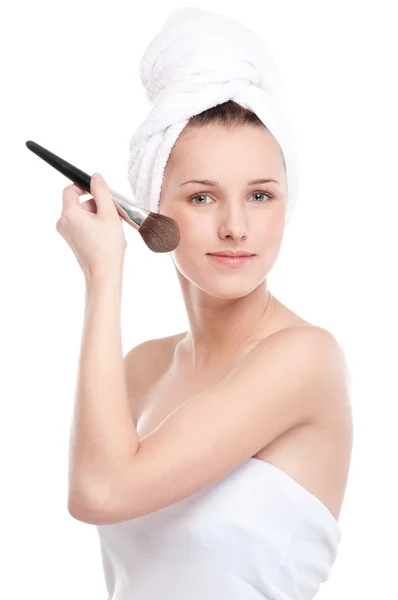 Beautiful woman with make up brush — Stock Photo, Image