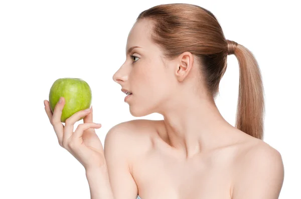 Woman eat green apple — Stock Photo, Image