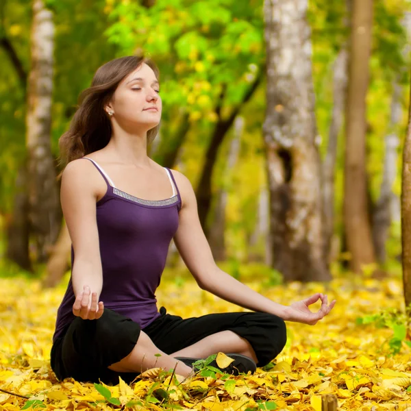 Woman doing yoga exercises in the autumn park — Stock Photo, Image