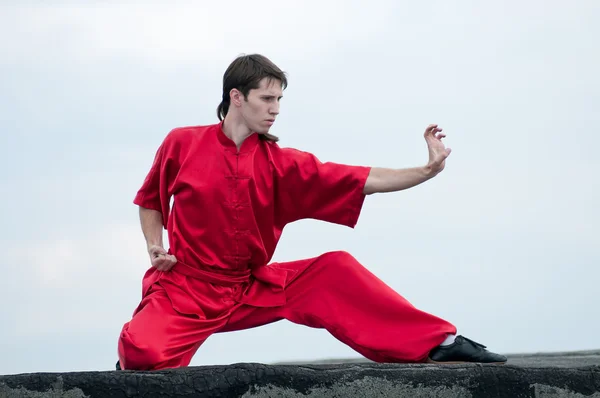 Wushoo homme en rouge pratique l'art martial — Photo