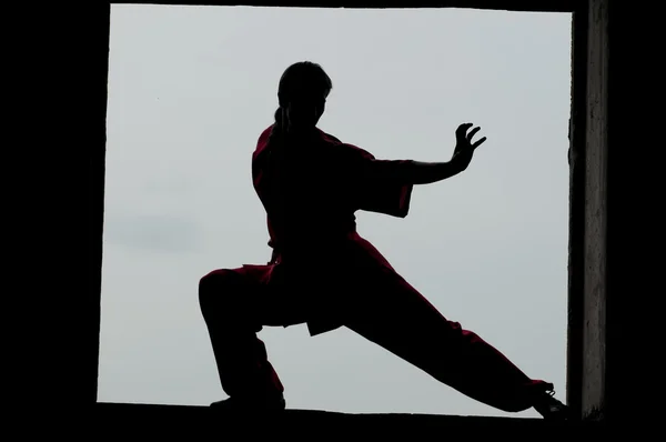 लाल सराव मार्शल आर्टमध्ये वूशू मॅन — स्टॉक फोटो, इमेज