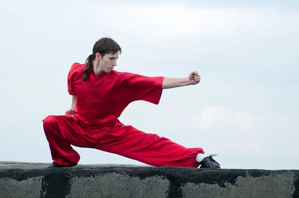 Wushoo hombre en las artes marciales práctica rojo — Stockfoto