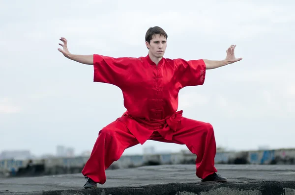 Wushoo homme en rouge pratique l'art martial — Photo