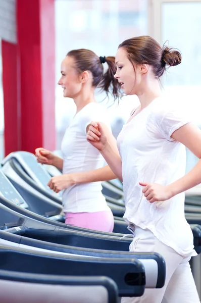 Two young sporty women run on machine — Stock Photo, Image