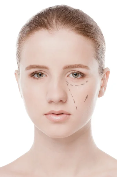 Beautician draw correction lines on woman face — Stock Photo, Image