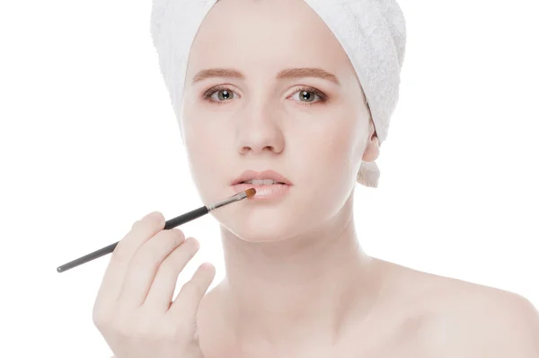 Beautiful woman with make up brush — Stock Photo, Image