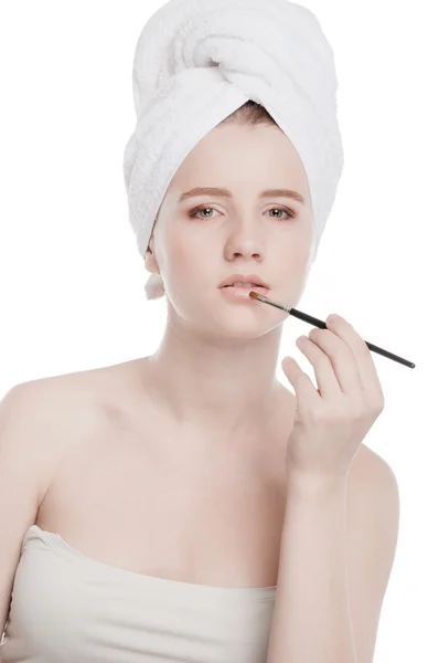 Beautiful woman with make up brush — Stock Photo, Image