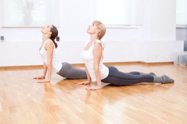 Women doing yoga exercise at gym