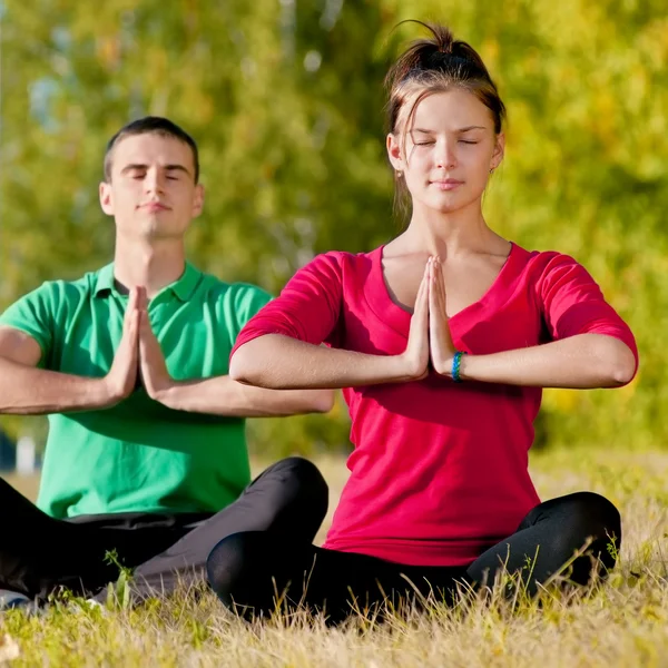 Park yoga yaparken kadın ve kadın — Stok fotoğraf