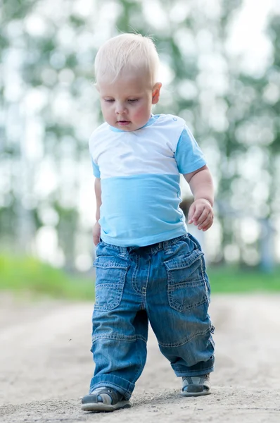 Lykkelig liten gutt i den grønne parken – stockfoto