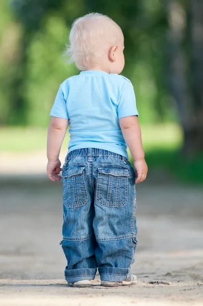 Lykkelig liten gutt i den grønne parken – stockfoto