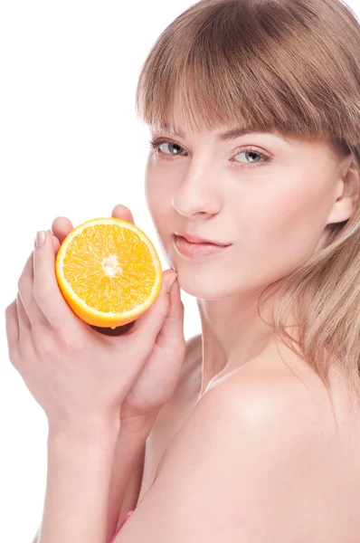 Young beauty woman with orange — Stock Photo, Image