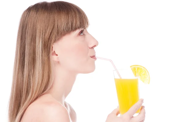 Junge Schönheit Frau mit Orangensaft — Stockfoto