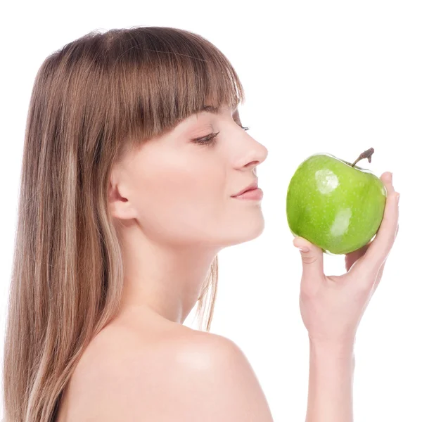 Yeşil elmalı genç kadın. — Stok fotoğraf