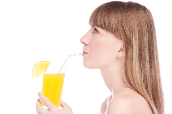 Junge Schönheit Frau mit Orangensaft — Stockfoto