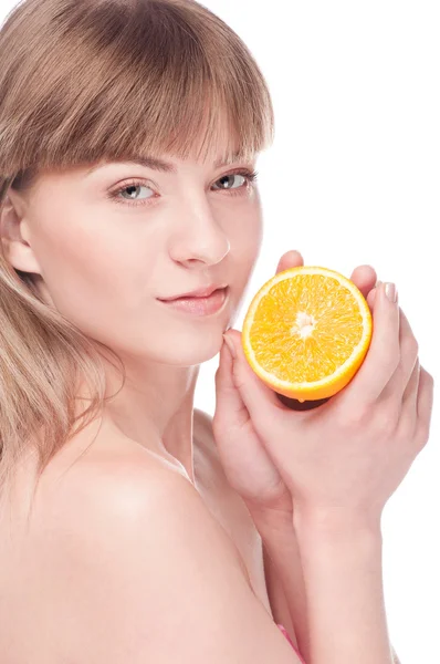 Young beauty woman with orange — Stock Photo, Image