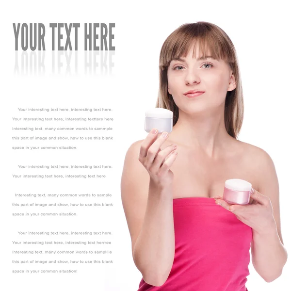 Woman offer moisturizer cream on white — Stock Photo, Image