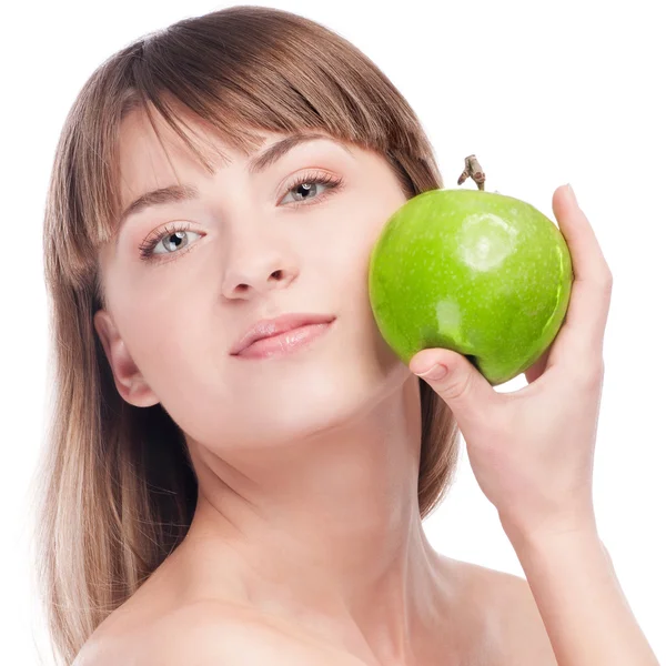 Yeşil elmalı genç kadın. — Stok fotoğraf