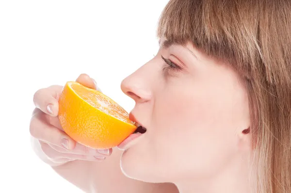 Young beauty woman with orange — Stock Photo, Image