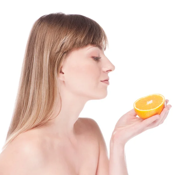 Young beauty woman with orange — Stock Photo, Image