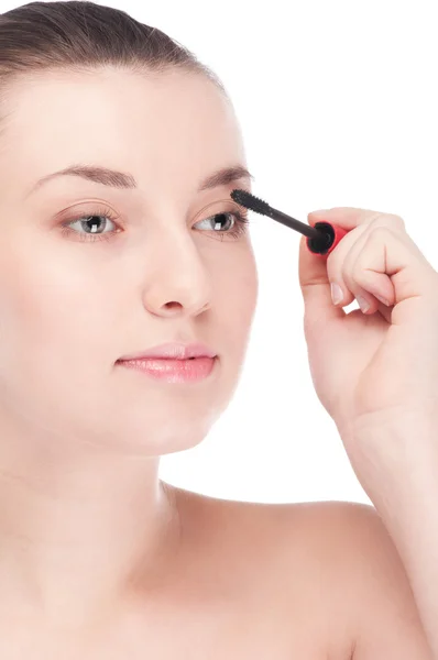 Beautiful woman with make up brush — Stock Photo, Image