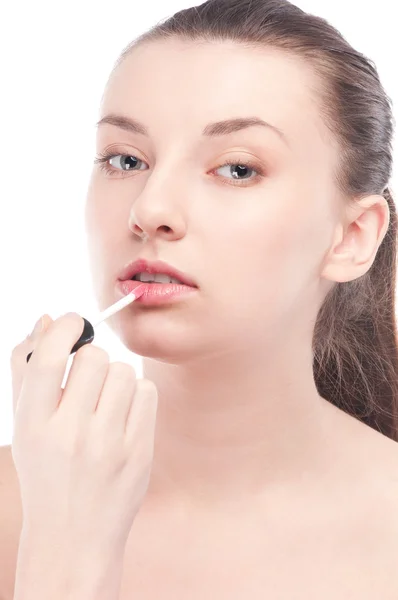 Mooie vrouw met aanzienlijk make-up borstel — Stockfoto