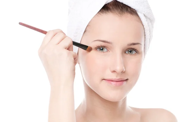 Beautiful woman with make up brush — Stock Photo, Image