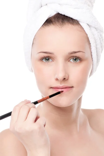 Beautiful woman with make up brush — Stock Photo, Image