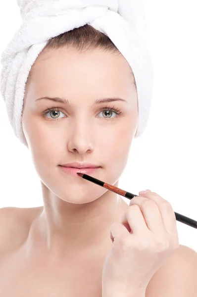 Beautiful woman with make up brush — Stock Photo, Image