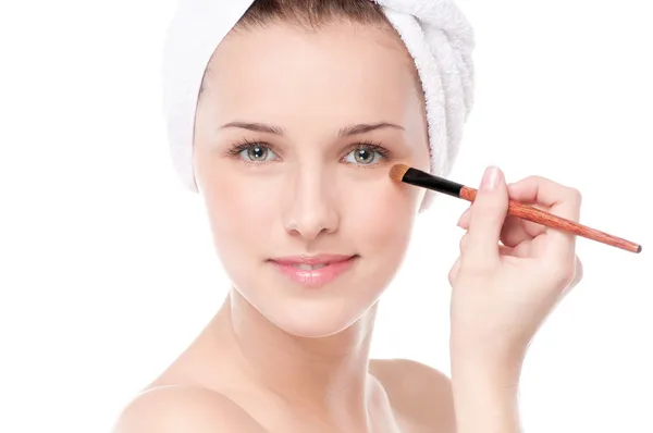 Beautiful woman with make up brush — Stock Photo, Image