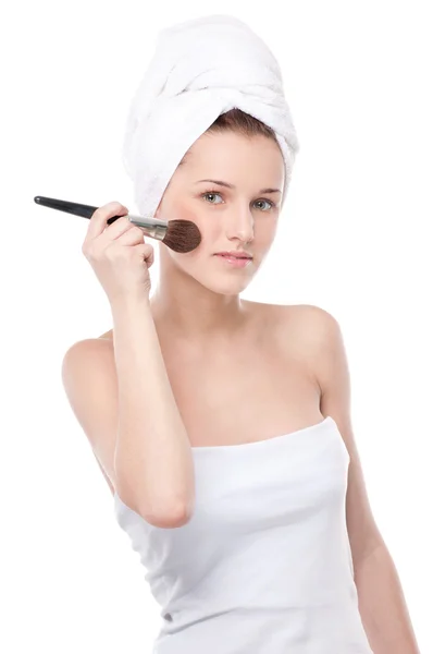 Beautiful woman with make up brush — Stock Photo, Image