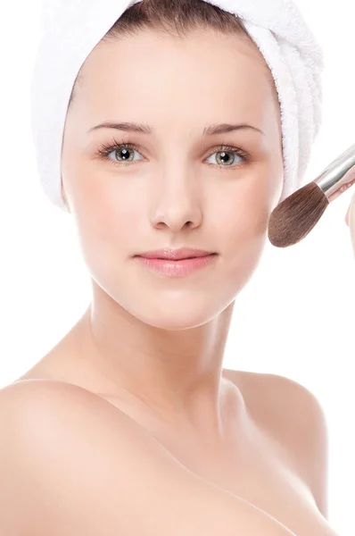 Beautiful woman with make up brush — Stock Photo, Image