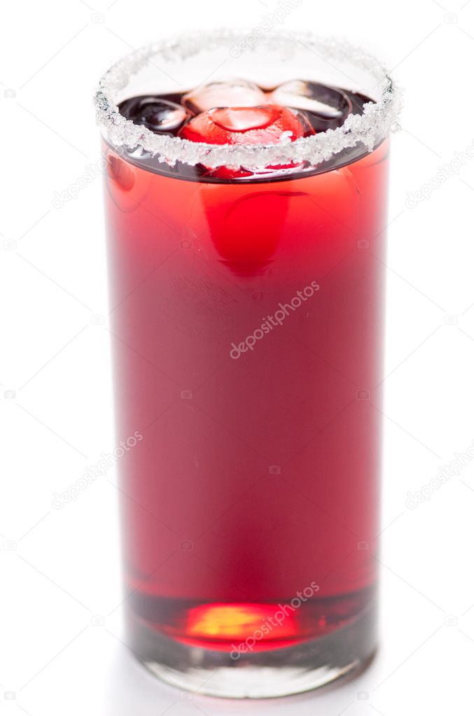 Red cocktail with ice on white