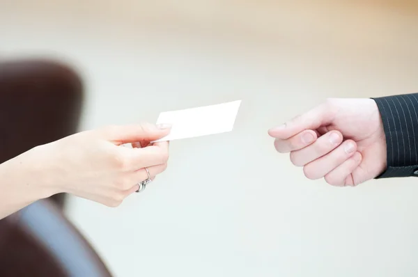 Exchange business card between man and woman. — Stock Photo, Image