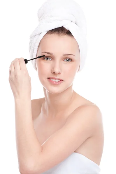 Beautiful woman with make up brush — Stock Photo, Image