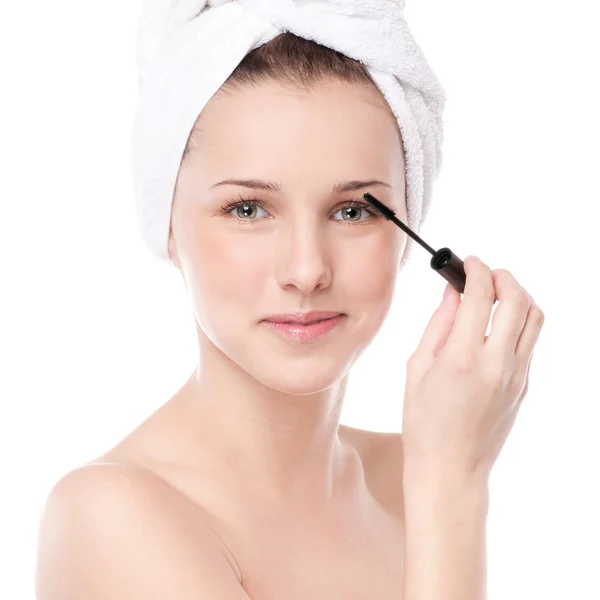 Beautiful woman with make up brush — Stock Photo, Image