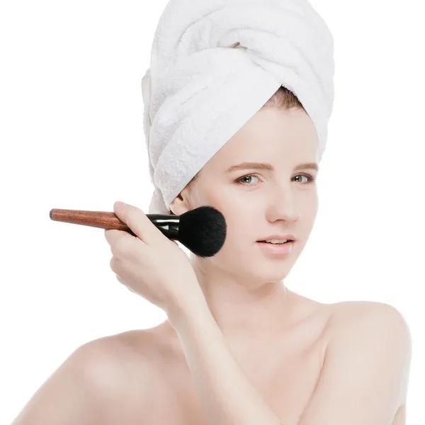 Beautiful woman with make up brush — Stock Photo, Image